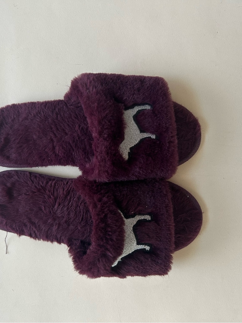 PINK Victoria's Secret Plush Slide Sandals in Deep Plum with Silver Dog Logo - Picture 2 of 8